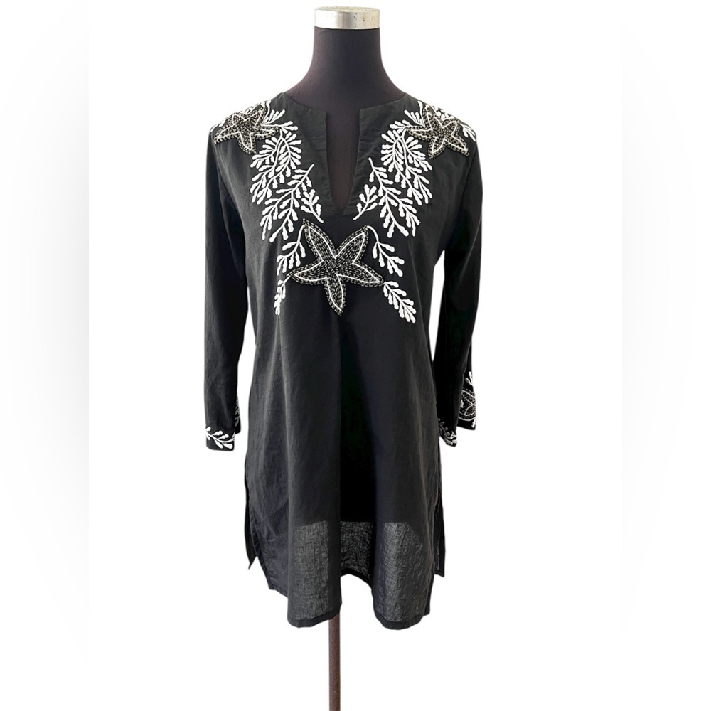 Barbara Gerwit Beach Coverup Tunic Women Small Black Beaded Beach Resort Cruise